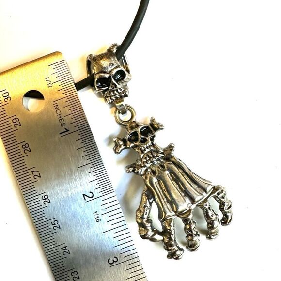 Silver tone Skeleton Claw pendant Necklace on black cord - Picture 6 of 7